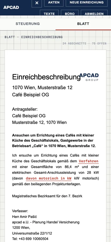 apcad-Werkzeug am Handy: Blattvorschau der Einreichbeschreibung