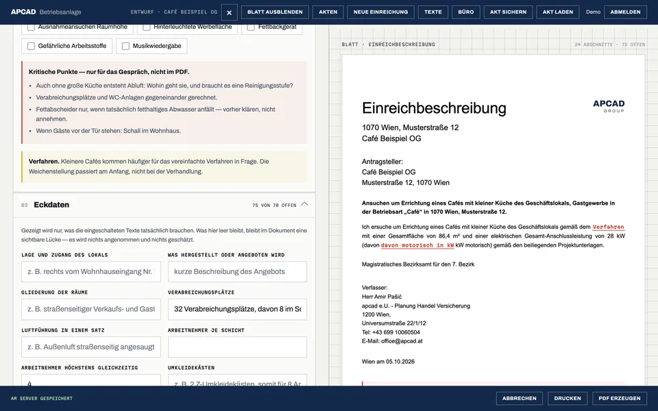 apcad-Werkzeug am Desktop: links die Eckdaten eines Cafés, rechts die fertige Einreichbeschreibung