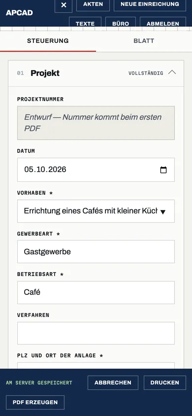 apcad-Werkzeug am Handy: Eingabe der Eckdaten