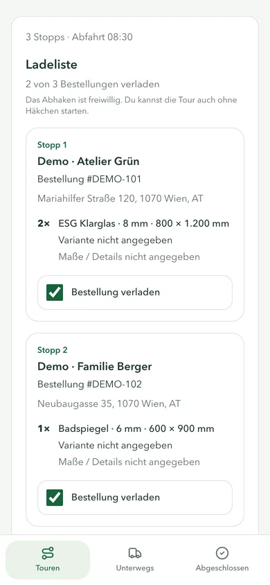 Deinglas-Fahrer-App: Ladeliste mit Stopps, Glasmaßen und Häkchen zum Verladen