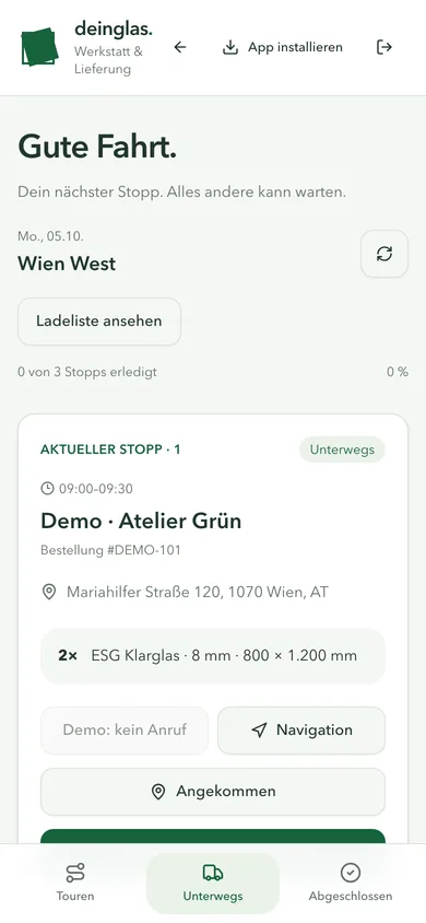 Deinglas-Fahrer-App: nächster Stopp mit Zeitfenster, Navigation und Zustellung