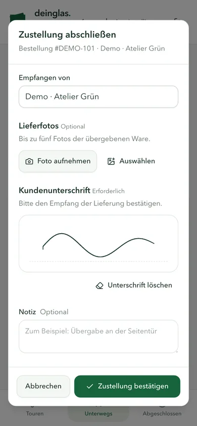 Deinglas-Fahrer-App: Zustellung mit Lieferfotos und Kundenunterschrift abschließen