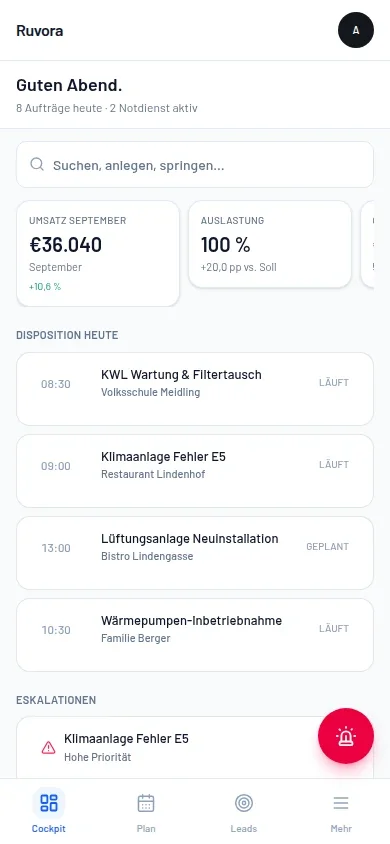 Ruvora am Handy: Übersicht Heute mit den Einsätzen des Tages