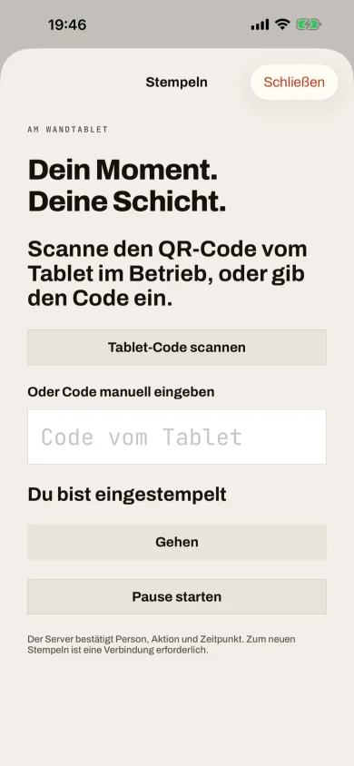 Schichtanker am iPhone: Stempeln mit dem Code vom Wandtablet im Betrieb