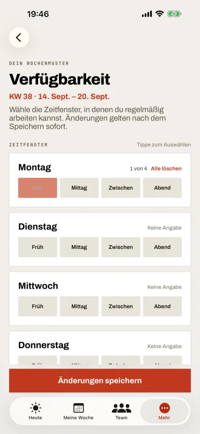 Schichtanker am iPhone: Verfügbarkeit mit Zeitfenstern je Wochentag